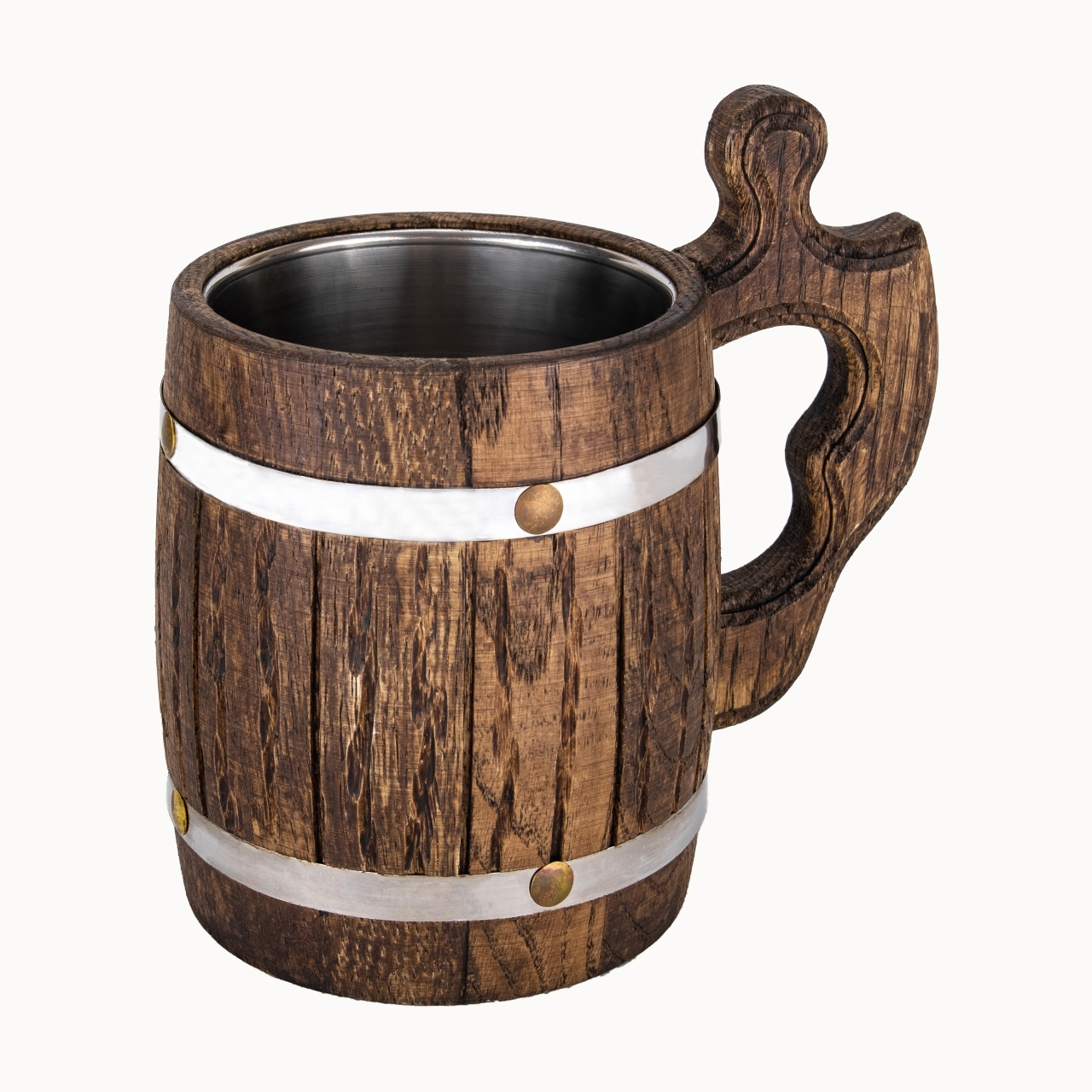 Ručně vyrobený dřevěný pohár s nerezovými obručemi 0,5L