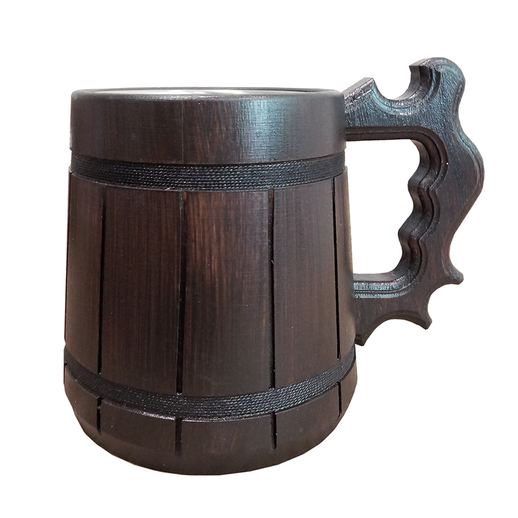 Ručně vyrobený pohár z tmavého dřeva 0,5L s tmavými obručemi a nerezovým vnitřke