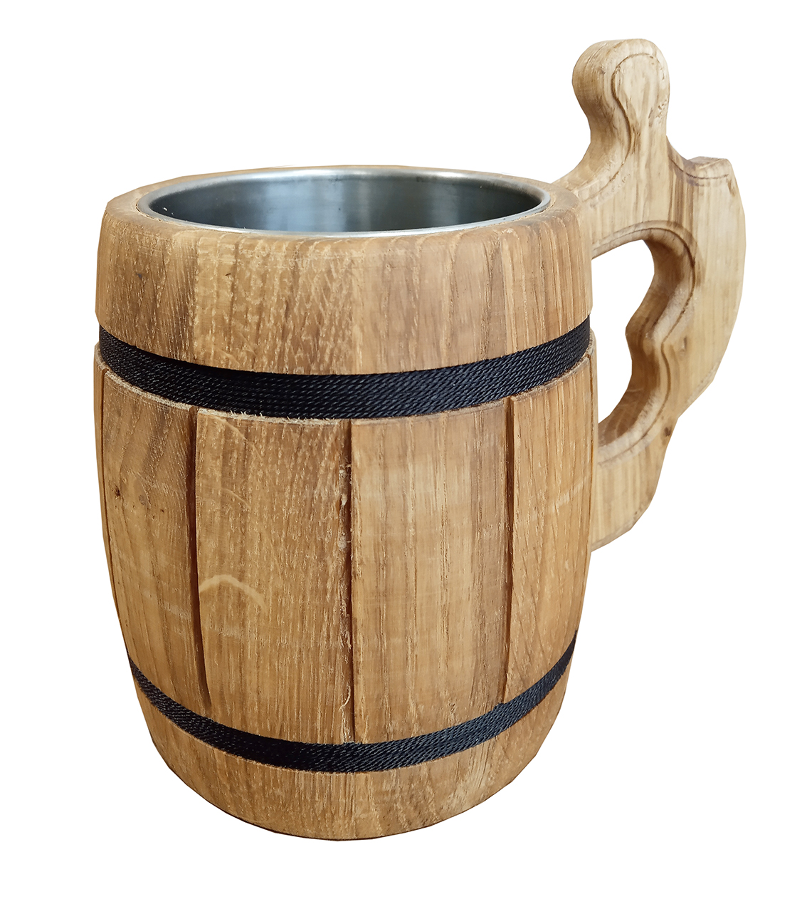 Ručně vyrobený dřevěný pohár s černými obručemi 0,5L a nerezovým vnitřkem