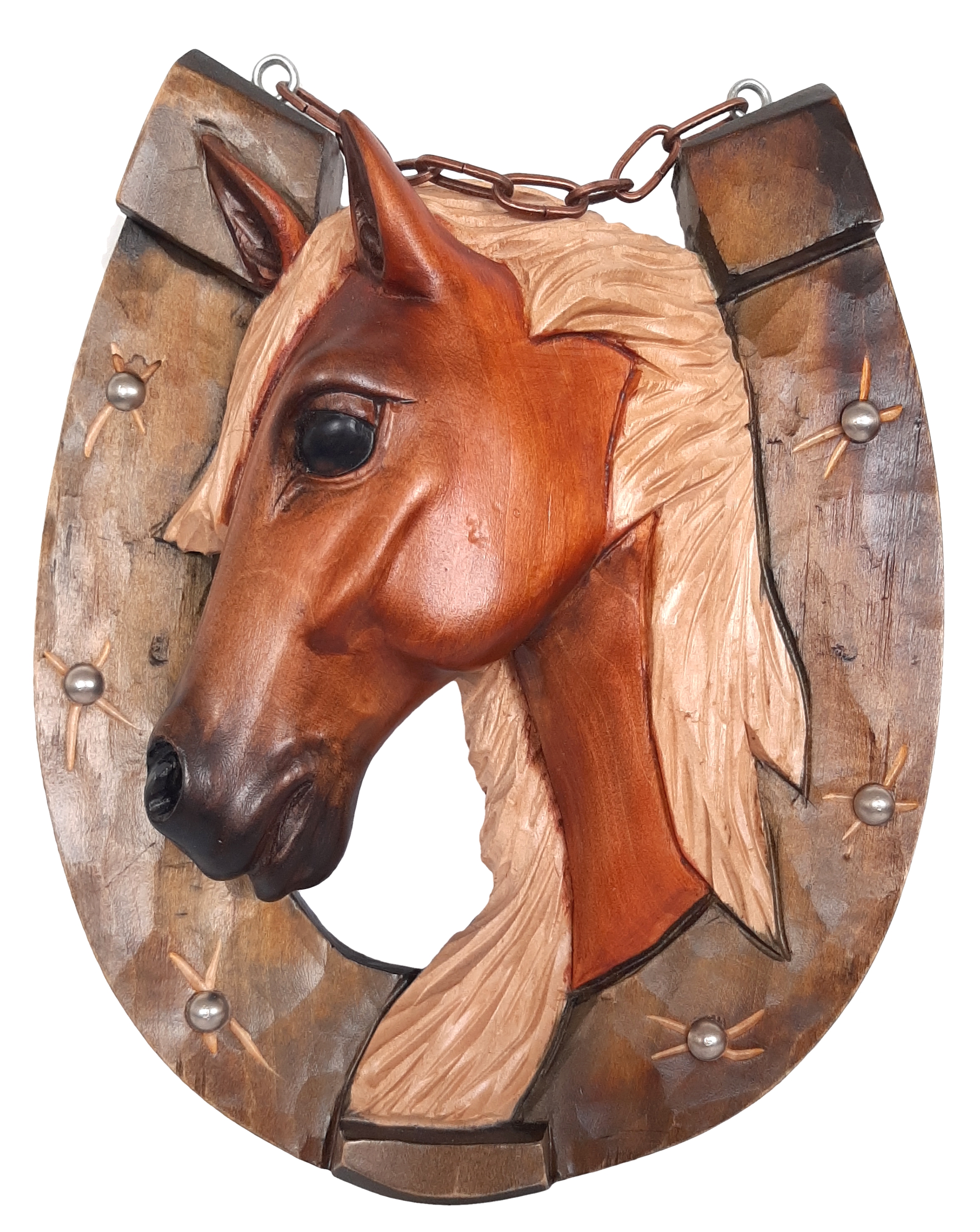Hlava koně podkova, obraz na zavěšení s řetízkem 24x20cm
