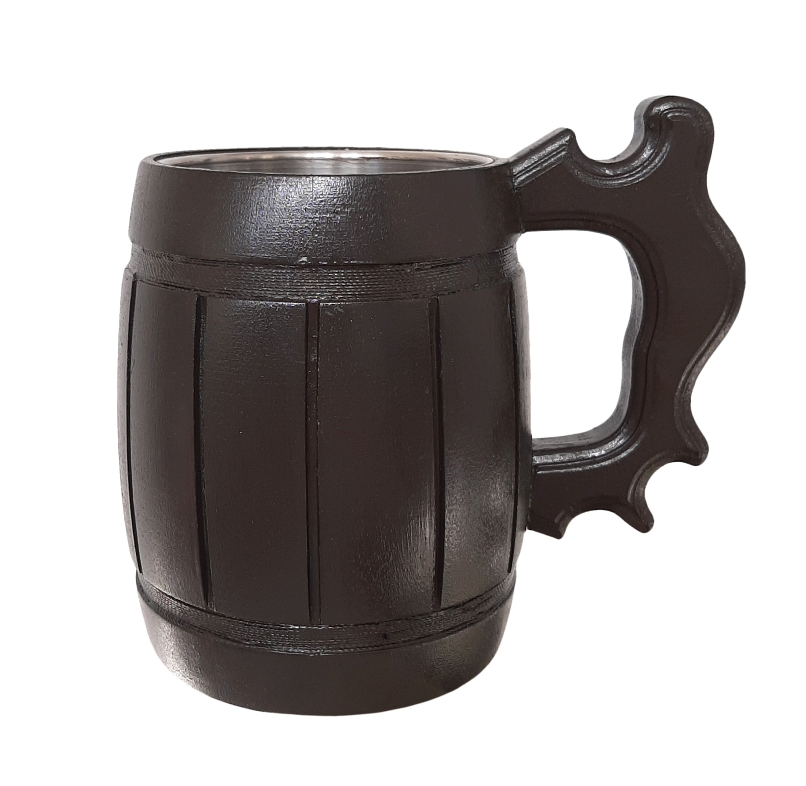 Ručně vyrobený pohár z tmavého dřeva 0,5L s tmavými obručemi a nerezovým vnitřke
