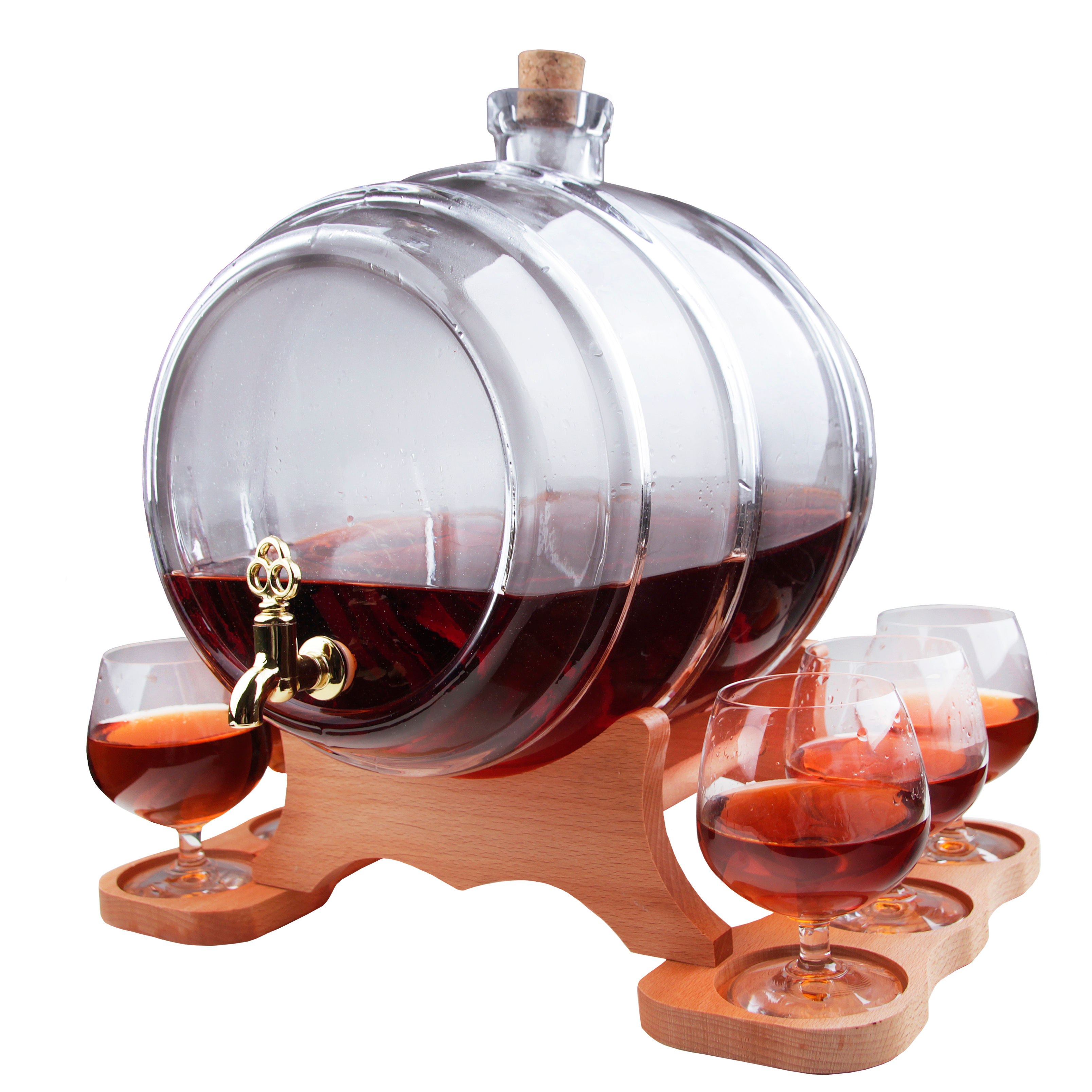 Skleněný sud 10L průhledný s dřevěným podstavcem, kohoutkem a vínovými sklenicem