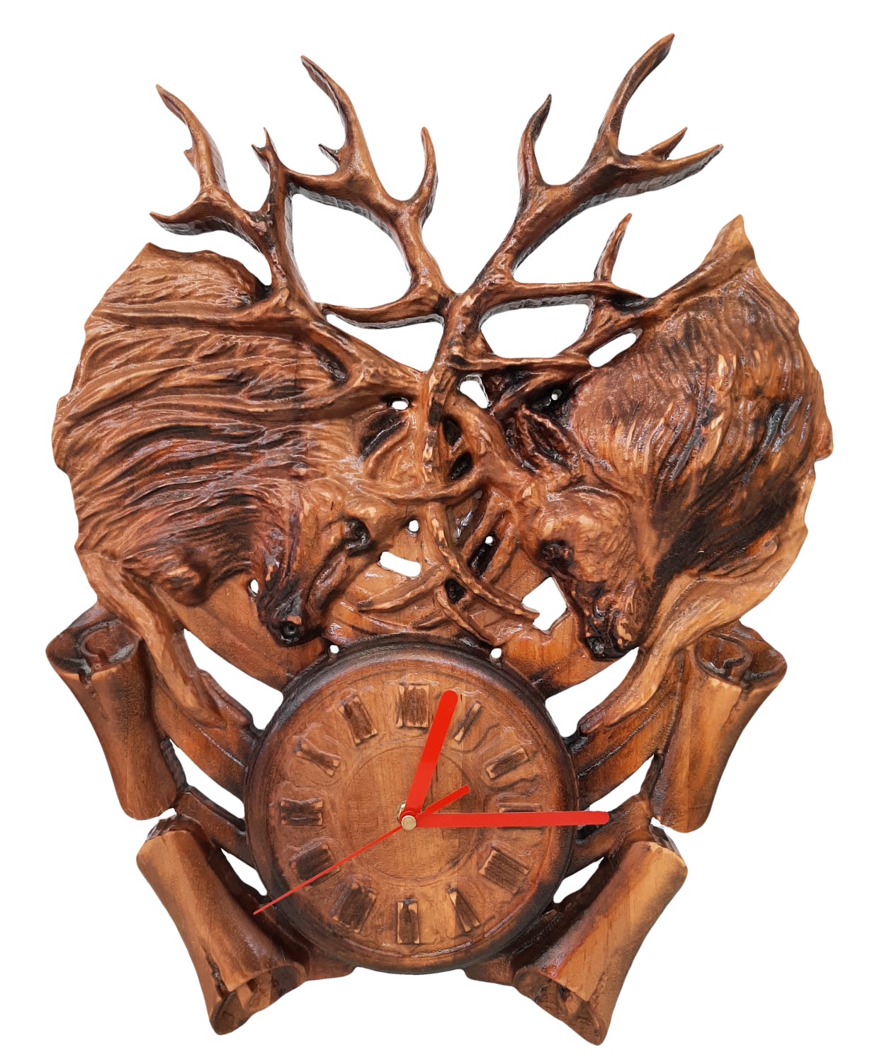 Dřevěné nástěnné hodiny, jelení hlavy